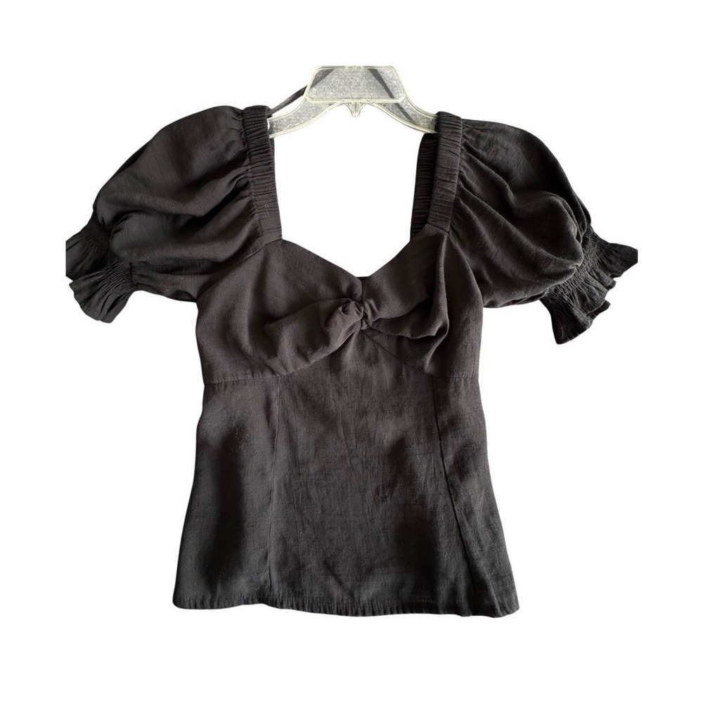 Nine West Womens Black Puff Sleeve Sweetheart Knot Front Smocked Blouse Small